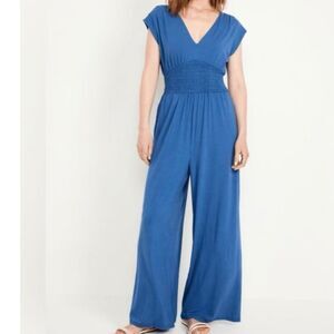 Old Navy Waist-Defined Wide-Leg Jumpsuit Blue XL Tall Sleeveless Smocked Waist